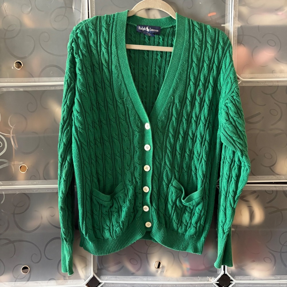 VTG Ralph Lauren Green Cable Knit Cardigan V-Neck Button Front Sweater Small